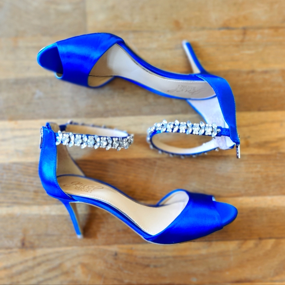 Badgley Mischka Blue Satin Embellished Ankle Strap Heels Sz 7